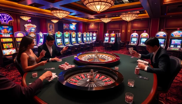 Excited players enjoying a luxurious casino atmosphere at https:/nk88.us.com/ with poker chips and roulette.