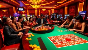 Players betting at the elegant RR88 roulette table in a luxurious casino environment.