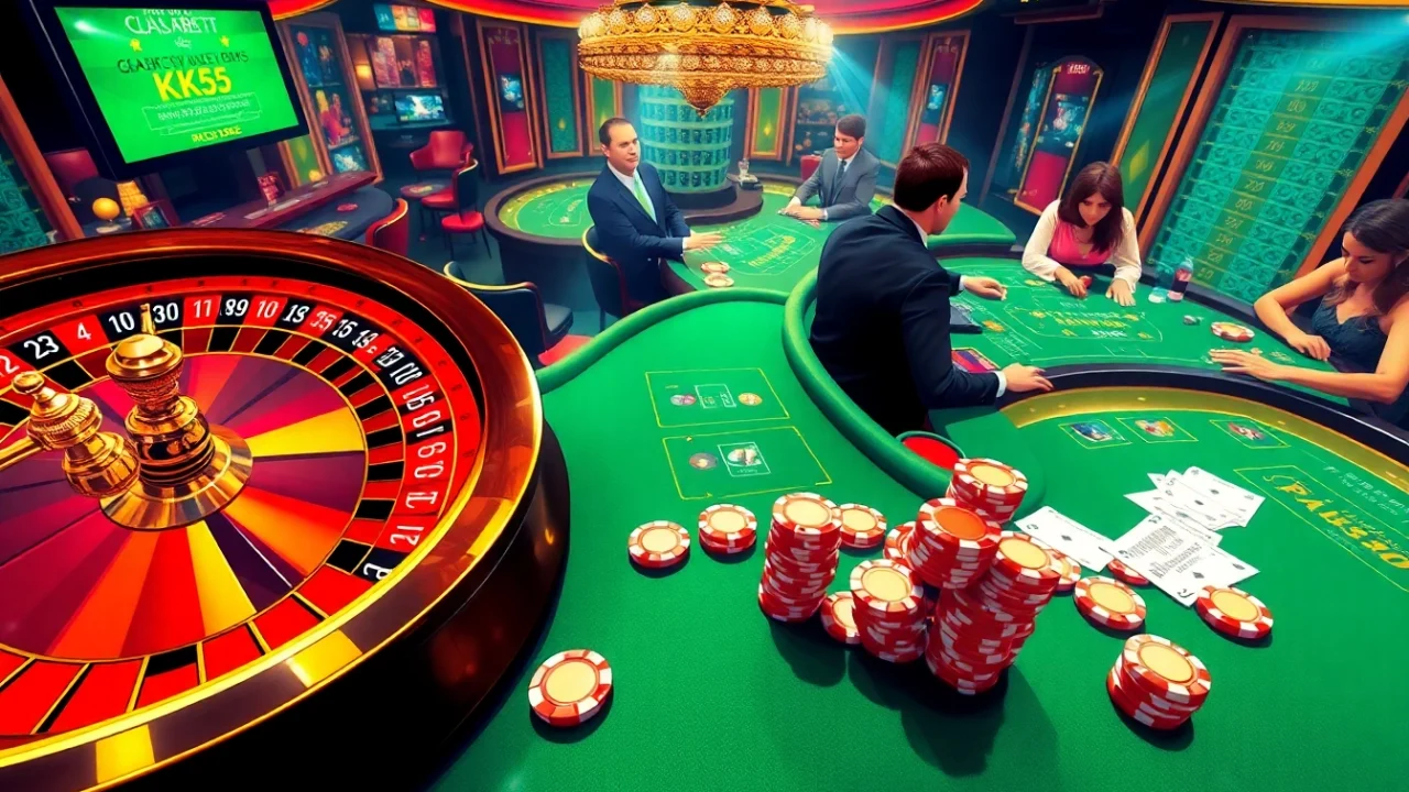 Engage in thrilling casino action with KK55 poker chips and a vibrant roulette wheel.
