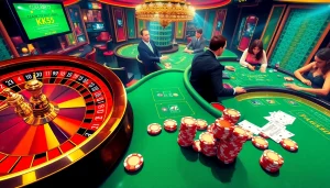 Engage in thrilling casino action with KK55 poker chips and a vibrant roulette wheel.