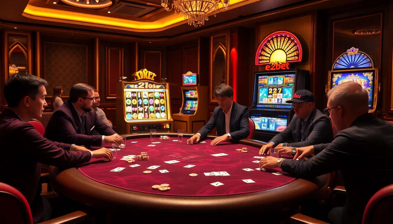 E2bet players enjoying a thrilling poker game at an elegant casino table, surrounded by colorful gambling props.
