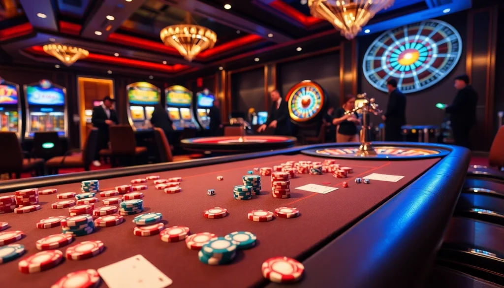 Experience the excitement at 789club with vibrant poker chips and a spinning roulette wheel.