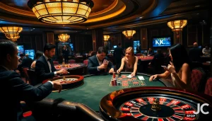 Engaged players at a luxurious casino table, showcasing KJC branding in a vibrant atmosphere.