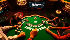 Players strategizing at a blackjack table at 888new casino, showcasing vibrant gambling action.