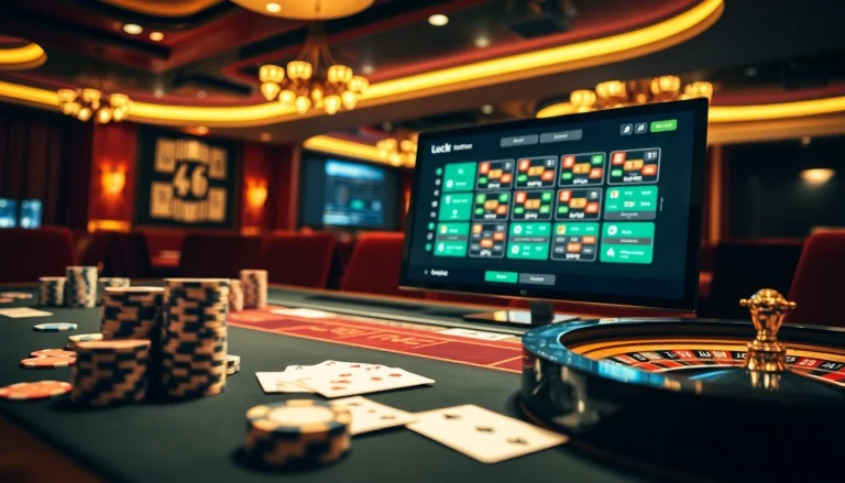 Thrilling Luck8 online gambling experience with poker chips, cards, and a roulette wheel.