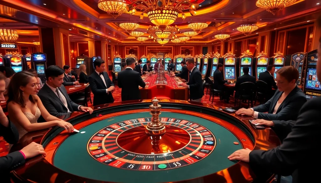 Experience the excitement of 222BD with players at a roulette table in a vibrant casino setting.