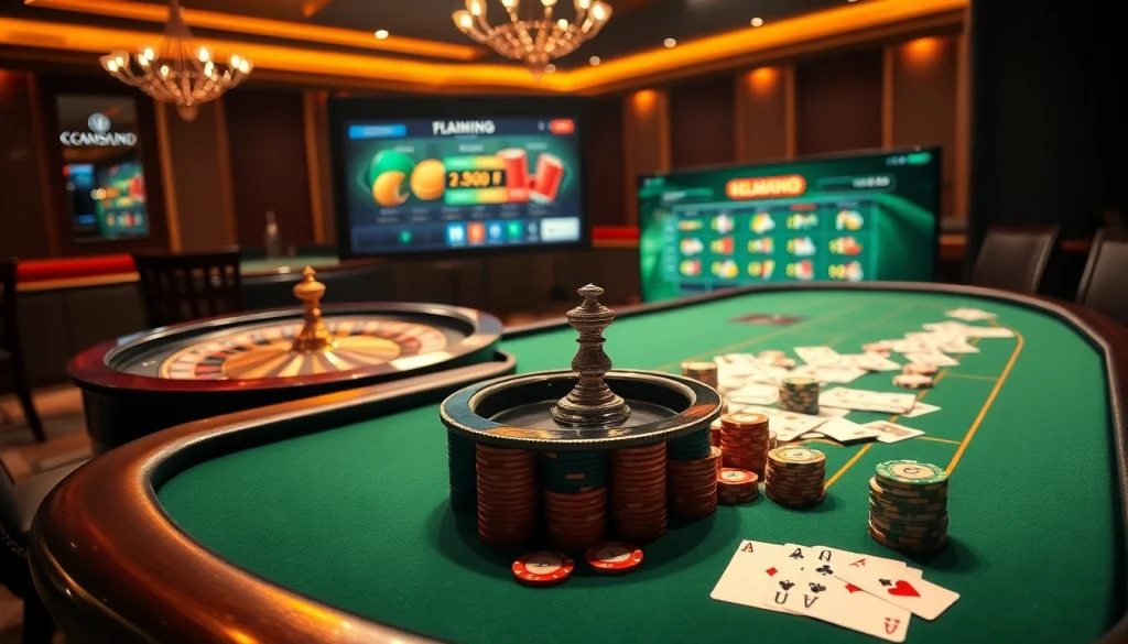 Experience the excitement of "trang chủ dn88" with a vibrant casino scene showcasing poker and roulette.
