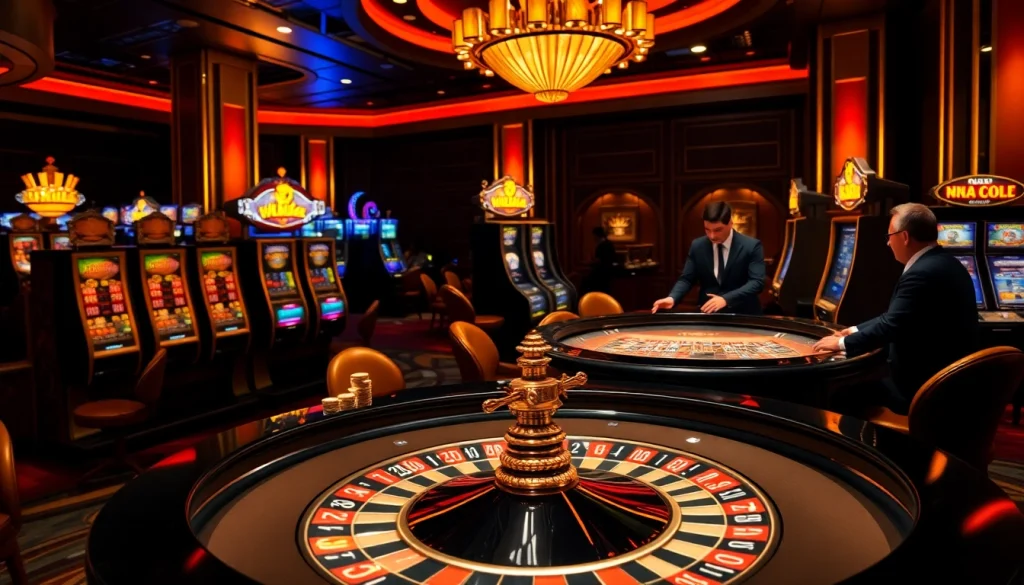 Experience the excitement of mb 88 with vibrant slot machines and a roulette table in a luxurious casino setting.