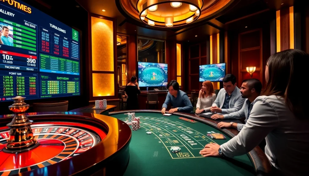 Exciting betting action at https://bj388.boats/ with diverse players and upscale casino ambiance.