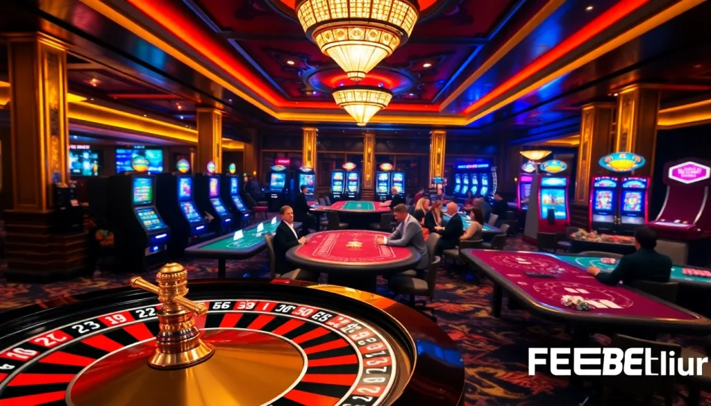 Experience excitement at FEBET9.club with a vibrant casino atmosphere featuring roulette and poker tables.