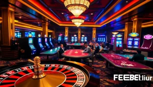 Experience excitement at FEBET9.club with a vibrant casino atmosphere featuring roulette and poker tables.