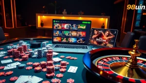 Experience the thrill of 98win with vibrant casino elements, poker chips, and exciting games.