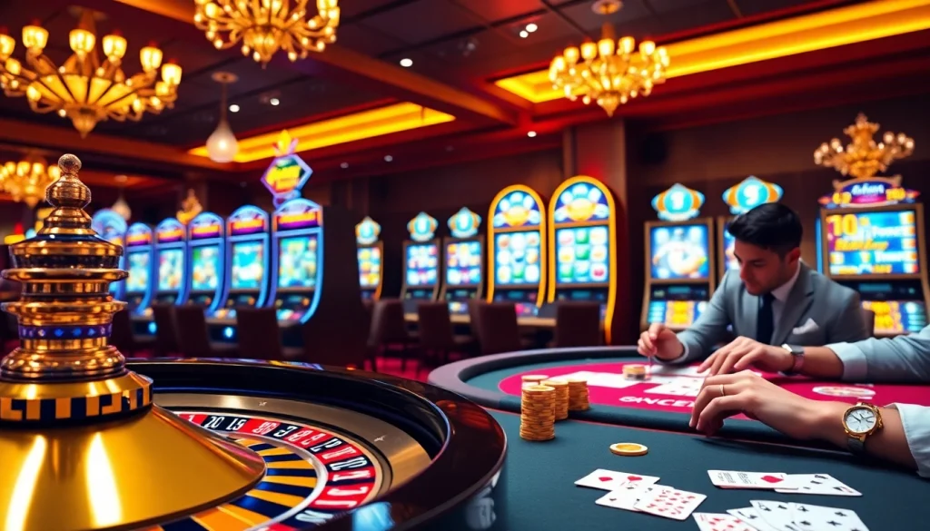 Experience high-stakes gaming at i9bet with an engaging casino scene featuring roulette, poker, and vibrant slot machines.