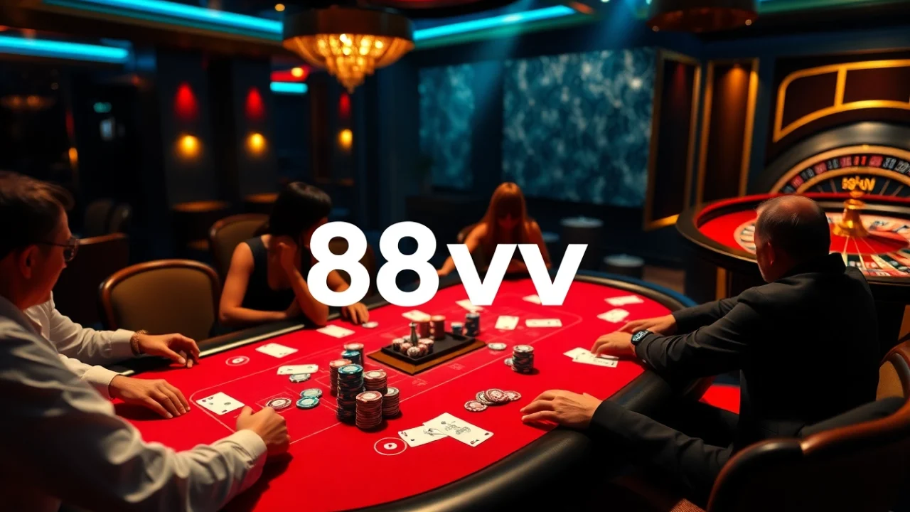 Players strategizing at a vibrant poker table featuring 88vv branding and colorful chips.