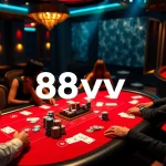 Players strategizing at a vibrant poker table featuring 88vv branding and colorful chips.