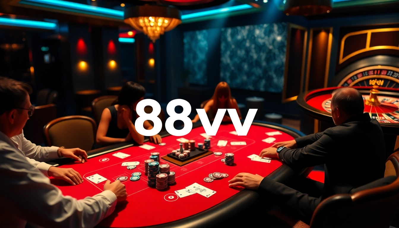 Players strategizing at a vibrant poker table featuring 88vv branding and colorful chips.