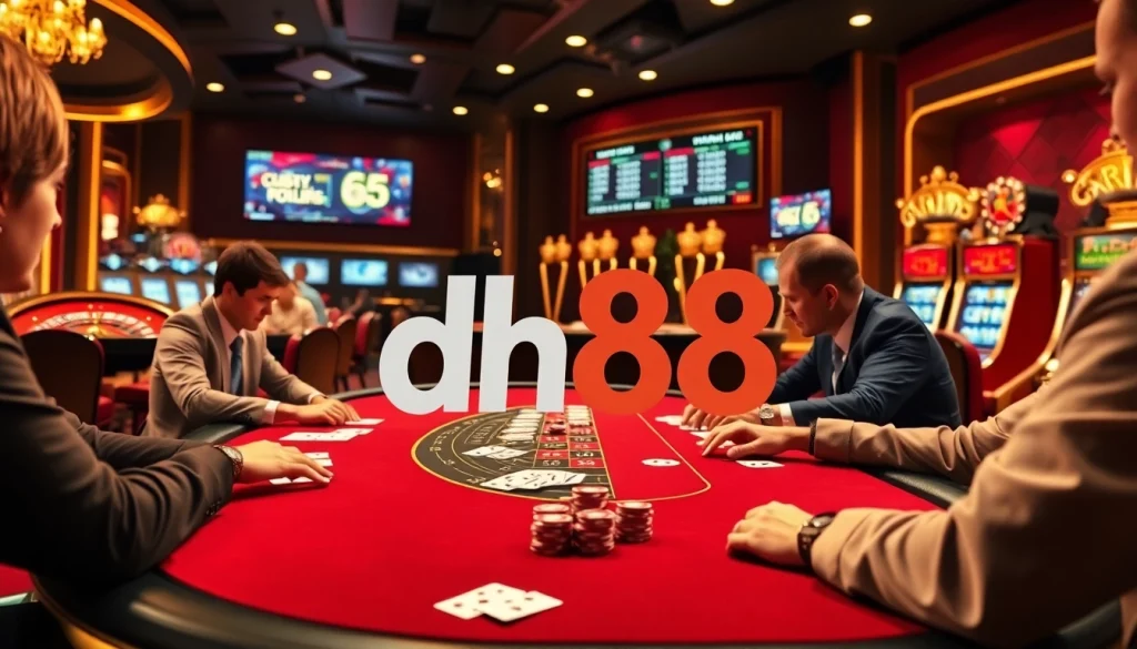 Engaging players at a dh88 poker table with vibrant chips, cards, and a professional dealer.