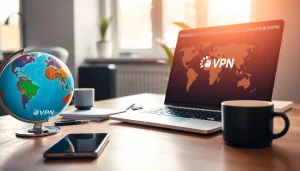 笔记本电脑上显示的快连VPN界面，示意全球安全连接。