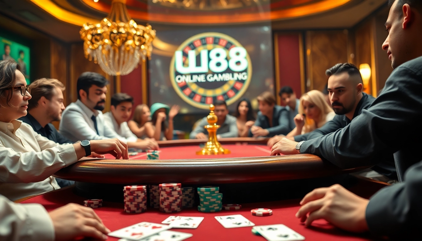 Exciting casino atmosphere at UU88 featuring high-stakes poker table with vibrant chips and cards.