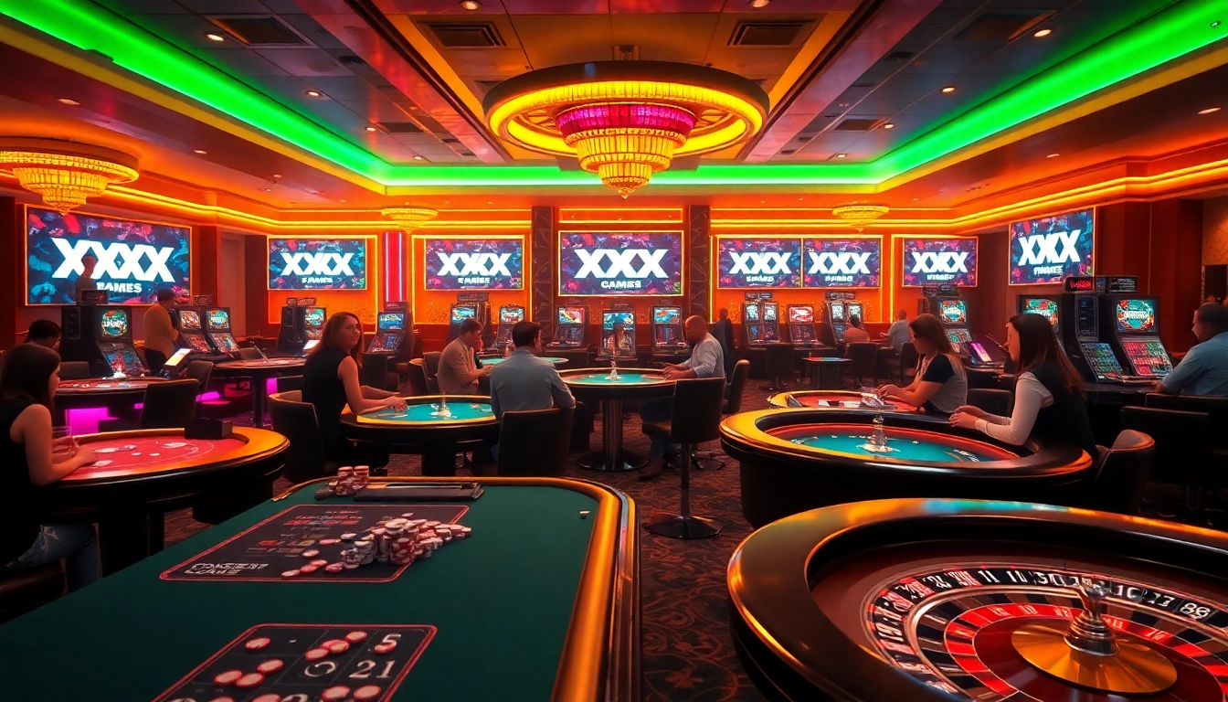 Play immersive XXX games in a luxurious casino environment filled with poker tables and vibrant neon lights.