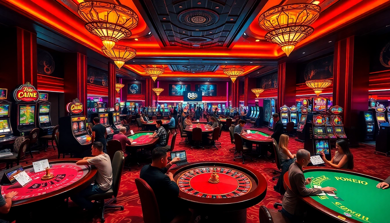 Players strategizing at poker tables in a luxurious casino setting, highlighting 88i gambling excitement.