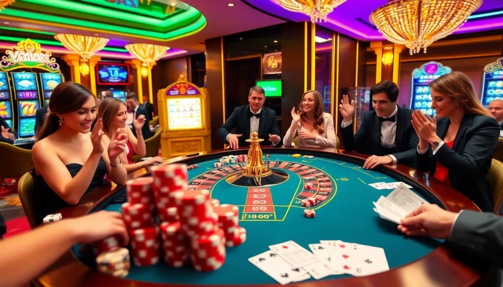 VMAX gamblers enjoying an exciting casino experience with roulette and poker.