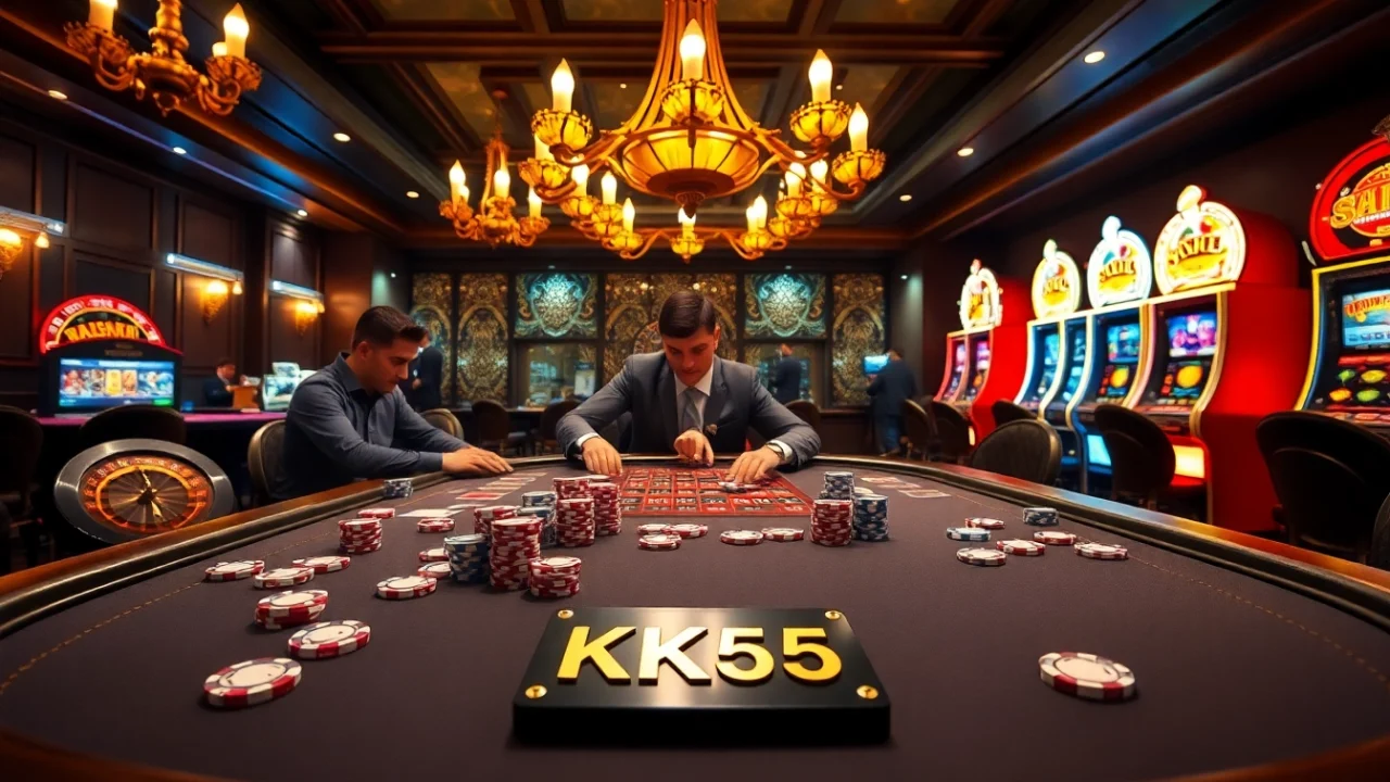 Engaging gambling scene with luxurious casino elements featuring KK55 poker table and vibrant slot machines.