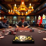 Engaging gambling scene with luxurious casino elements featuring KK55 poker table and vibrant slot machines.