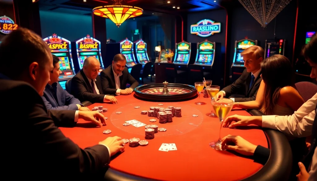 Experience thrilling action at a B52-themed casino table with poker players and roulette.