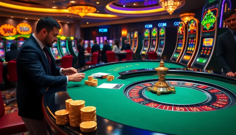 Experience thrilling casino games at FC88 with vibrant roulette tables and professional players.