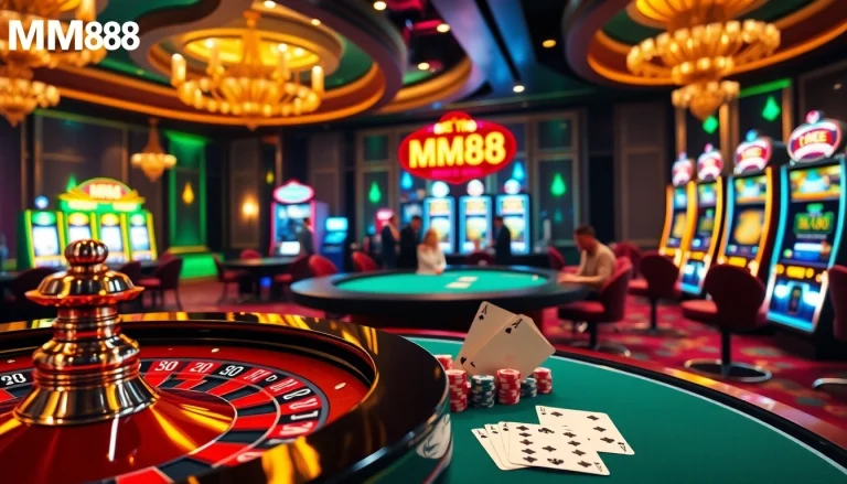 Experience a dynamic casino environment with MM88, featuring exciting gameplay elements like poker chips and roulette.