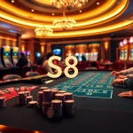 Engage in high-stakes poker at a luxurious casino, featuring S8-themed visuals and vibrant action.