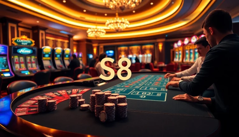 Engage in high-stakes poker at a luxurious casino, featuring S8-themed visuals and vibrant action.