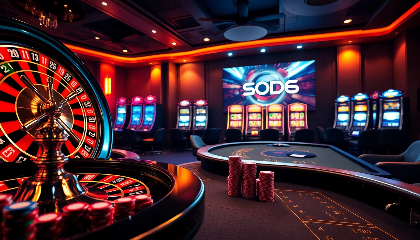 SODO66 casino environment showcasing roulette, poker chips, and slot machines for an engaging gambling experience