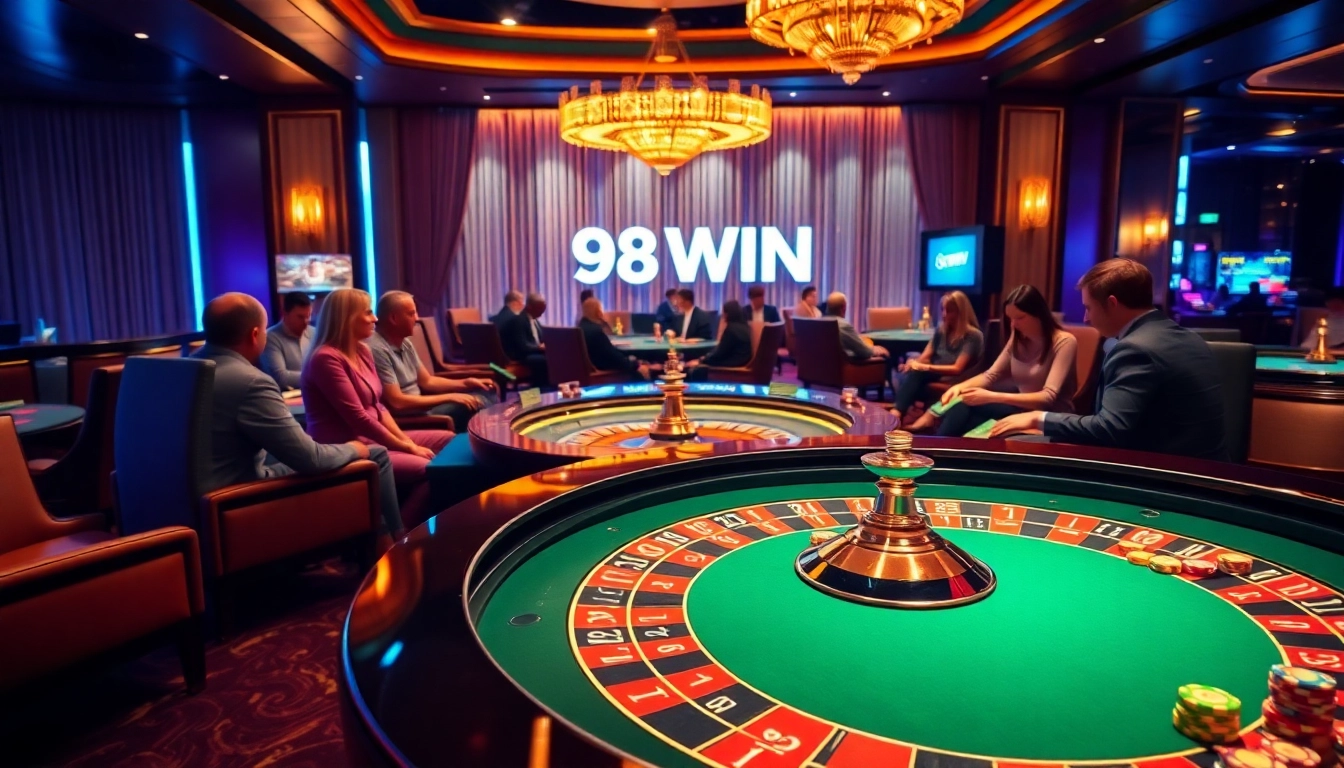 Experience the thrill of 98WIN with lively casino betting at a luxurious roulette table.