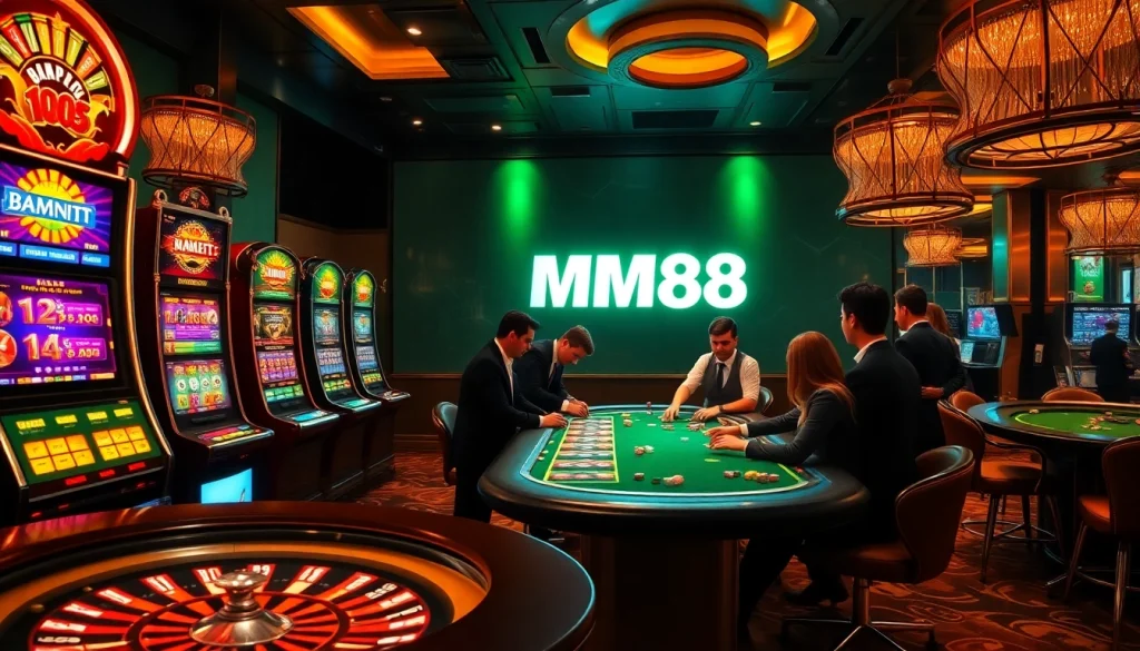 Excitement at MM88 Casino with players enjoying table games and bright slot machines.