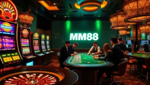 Excitement at MM88 Casino with players enjoying table games and bright slot machines.