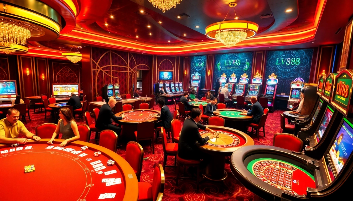 Experience the thrill of LV88's luxurious casino atmosphere with players enjoying classic games.