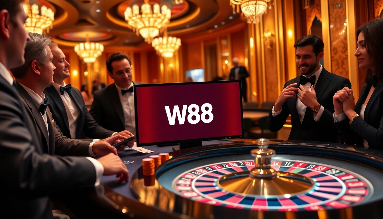 Gamblers enjoying high-stakes excitement at a W88 casino table with vibrant poker chips.