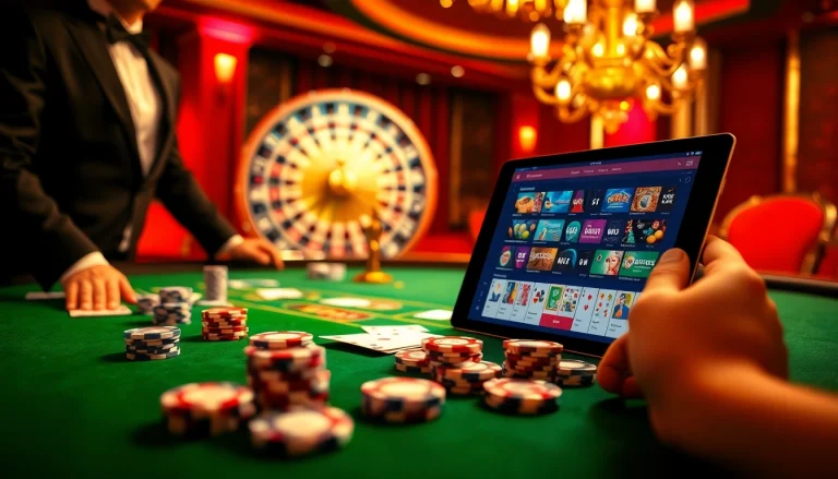 Engage in thrilling gambling at https://jun88.buzz/ with luxurious casino visuals featuring poker tables and roulette wheels.