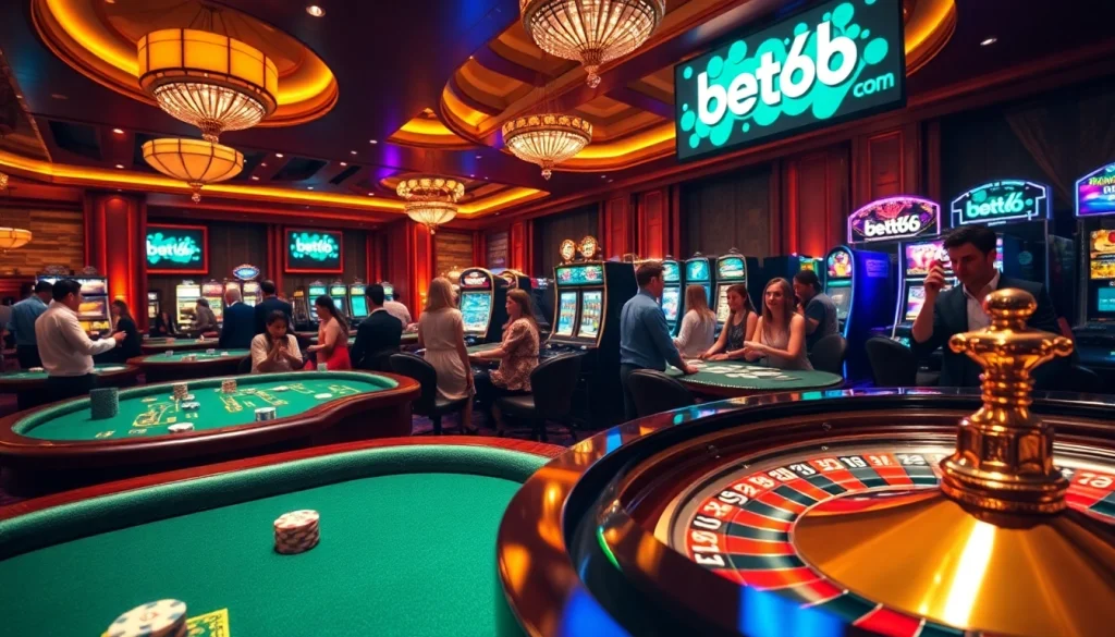 Exciting casino floor scene featuring bet168 com branding with players at tables and slot machines.
