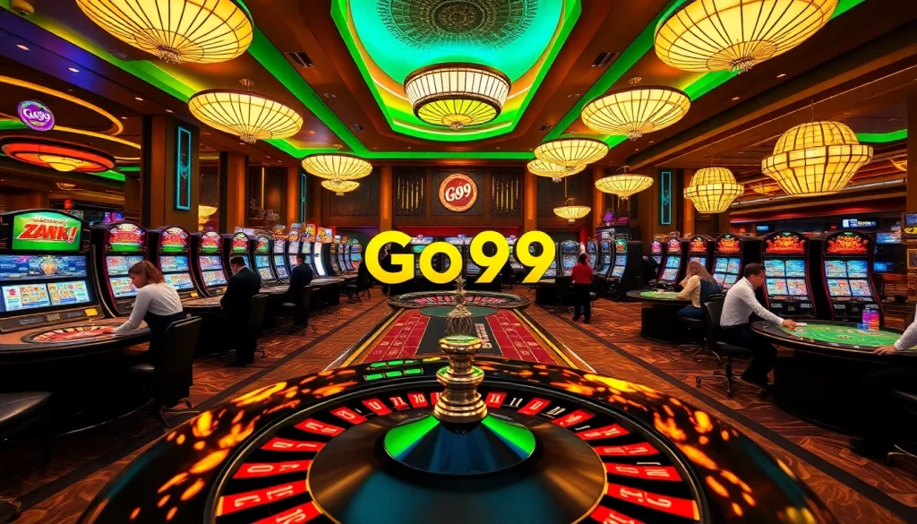 Engaging players at Go99 casino with vibrant roulette tables and slot machines.