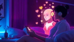 Engaging ai nsfw interaction between a user and a virtual AI character in a cozy digital environment.