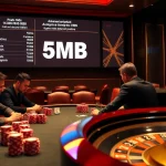 High-stakes poker action with professional players and vibrant 5MB poker chips.