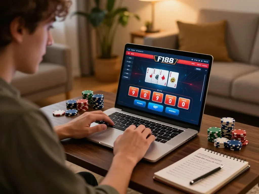 F168 player engaging with exciting online casino games on a laptop in a cozy home setting.