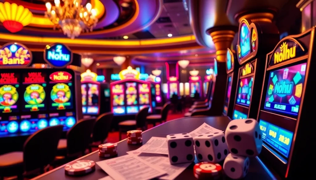 Nohu-themed online casino gaming experience showcasing vibrant slots and poker chips.