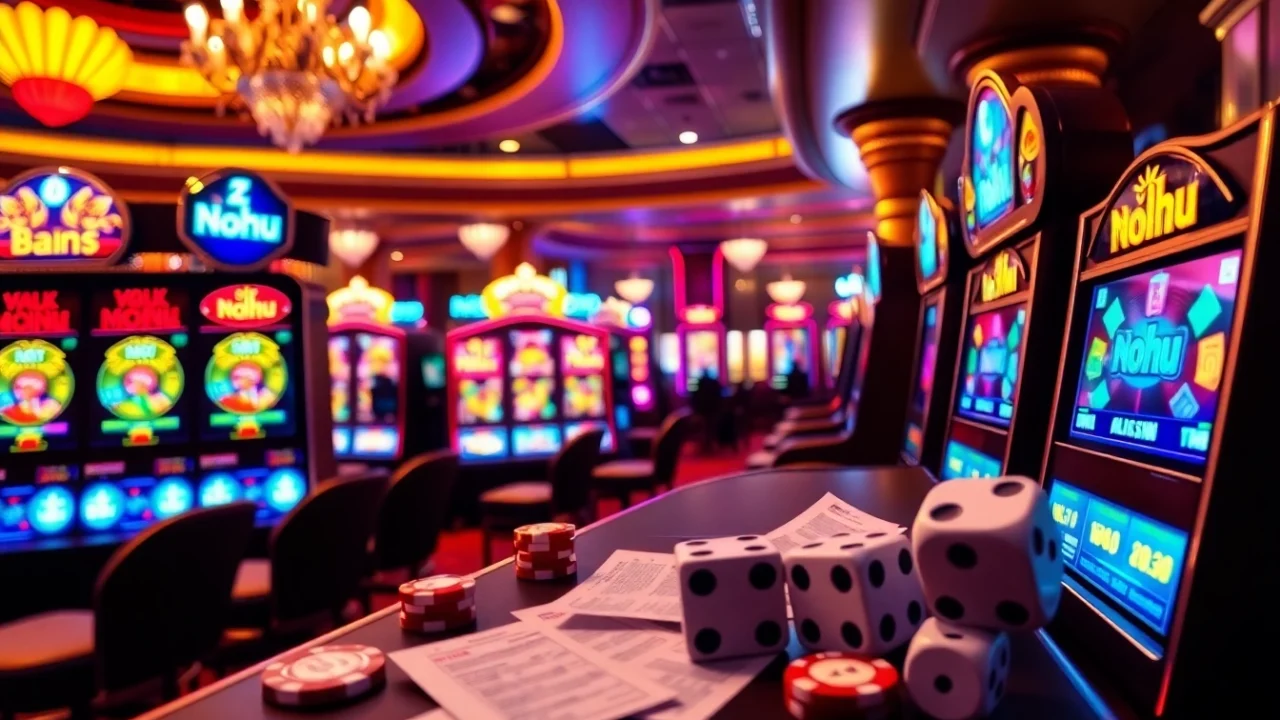 Nohu-themed online casino gaming experience showcasing vibrant slots and poker chips.