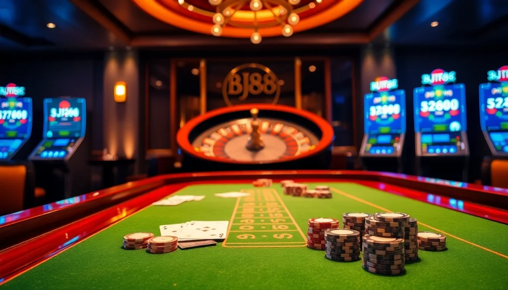 Experience the excitement of BJ88 with vibrant casino elements including cards, chips, and roulette.