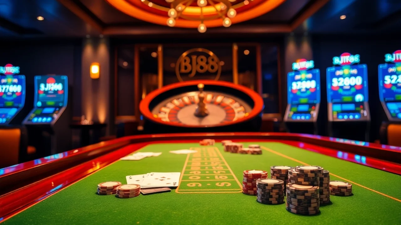 Experience the excitement of BJ88 with vibrant casino elements including cards, chips, and roulette.