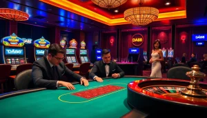 DA88 poker players strategizing at a luxurious casino table with vibrant slot machines in the background.